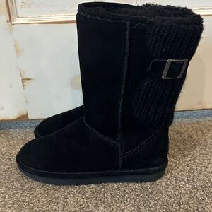 BearPaw Black Knit-Cuff Suede Mid-Calf Boots